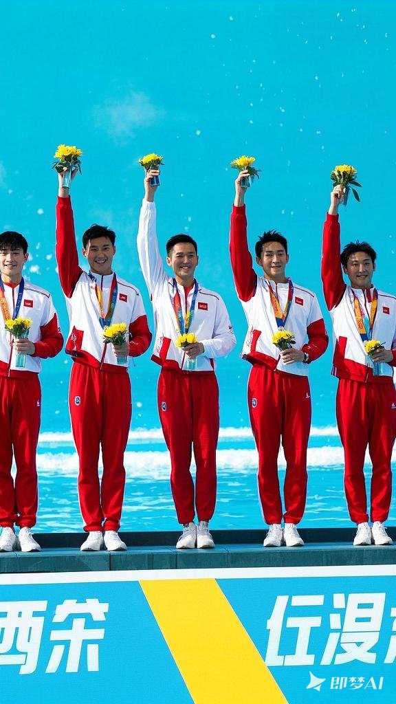 包含游泳比赛颁奖典礼开启，选手欢呼雀跃登上领奖台的词条